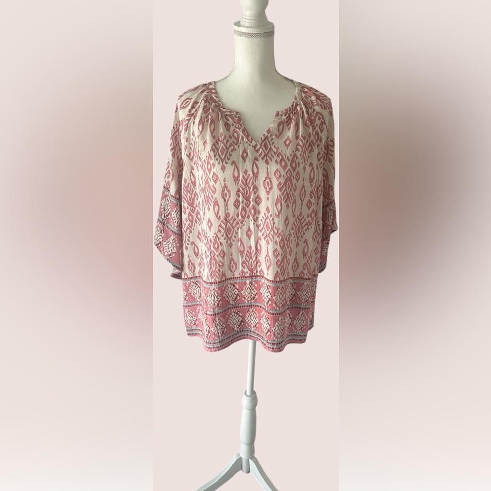 Bebonnie Boho Print Tunic Top XXL – Pink & White Flowy Blouse.